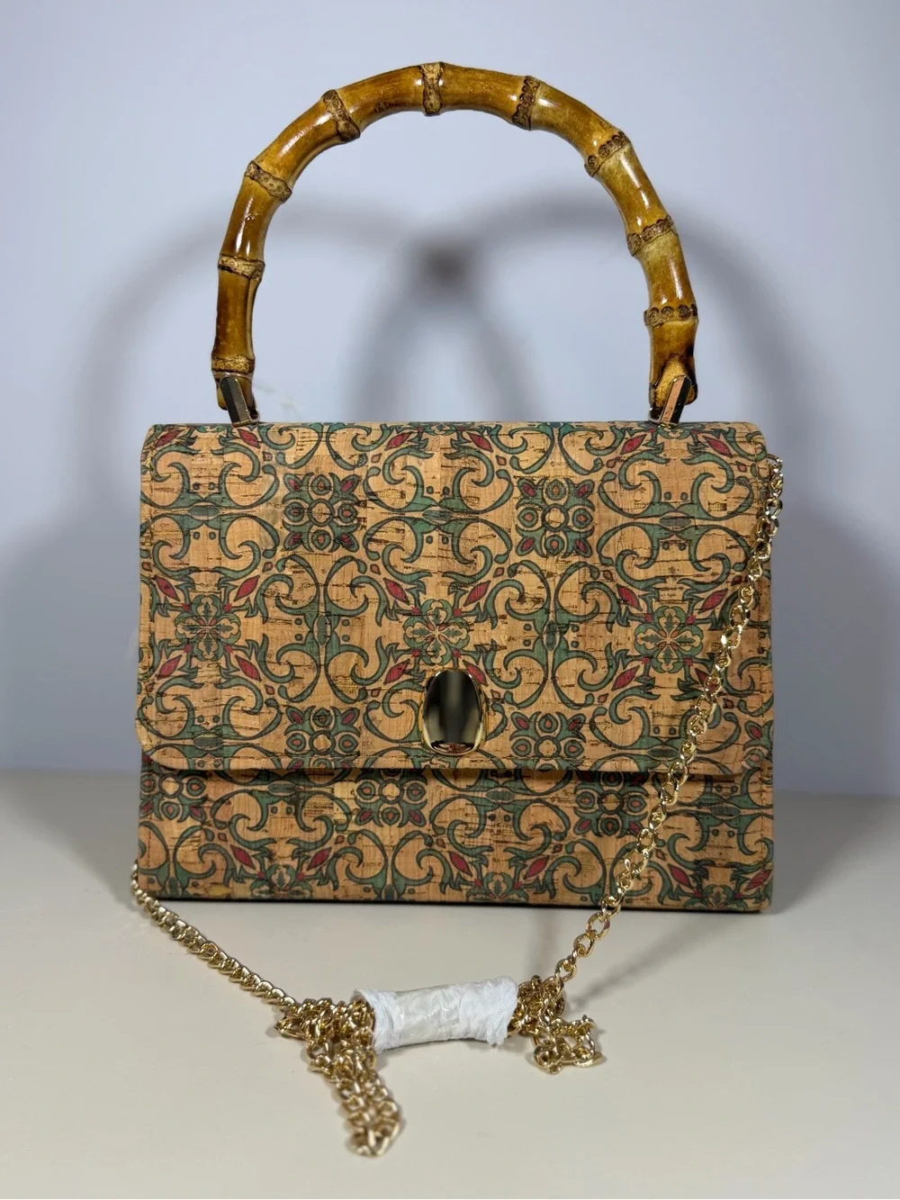 Unk Beige Patterned Bamboo-Handle Crossbody Bag with Gold Chain